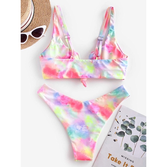 Tie Dye Knot Padded 2 Piece Bikini Set Straps High Cut Bathing Swim Suit S - Picture 3 of 5